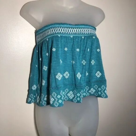 CAPE JUBY BY AEROPOSTALE STRAPLESS TEAL/WHITE EMBROIDERED BOHO TOP XS-EUC - Picture 4 of 9